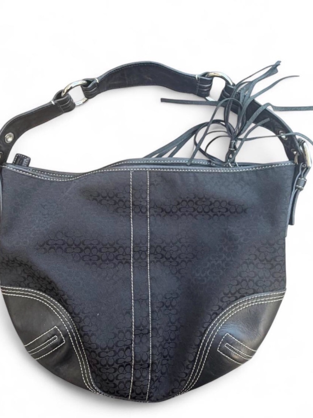 Coach Black Signature Shoulder Bag with White Topstitch